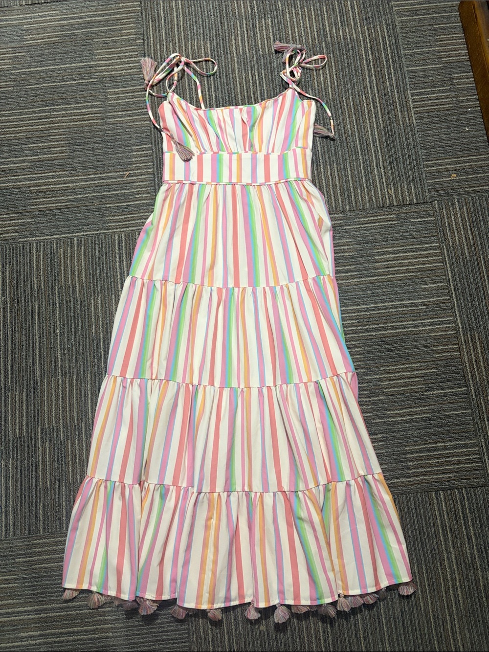 Chicwish Pastel Rainbow Tie-Shoulder Tiered Maxi Dress